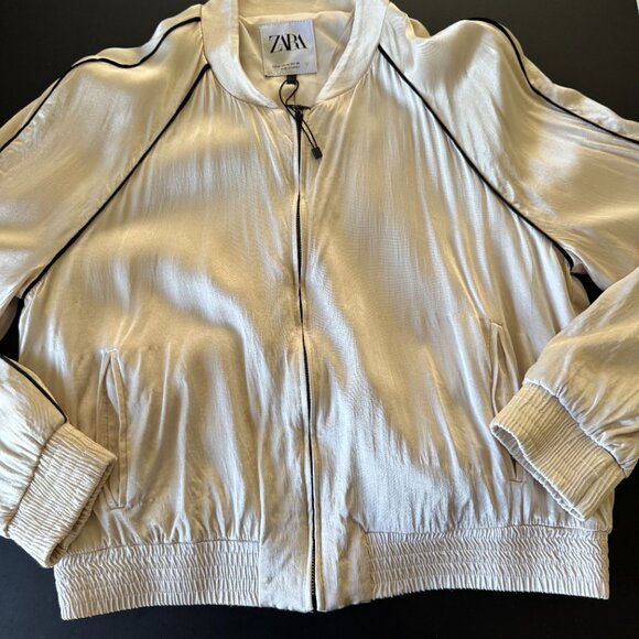 ZARA Satin Bomber Jacket Cream Beige | Zip-Up | Women’s Size M - Picture 3 of 8
